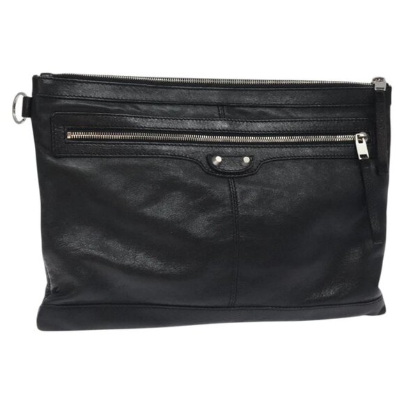 BALENCIAGA Clip L Clutch Bag Leather Black Silver - Picture 1 of 16